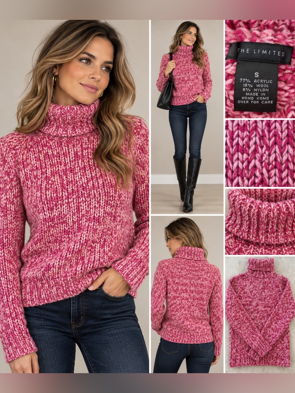 The Limited Pink Marled Chunky Turtleneck Sweater Wool Blend S Y2K